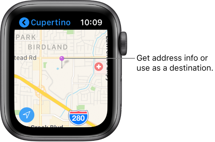 The Maps app shows a map with a purple pin placed on it, which can be used to get the approximate address of a spot on the map, or as a destination for directions.