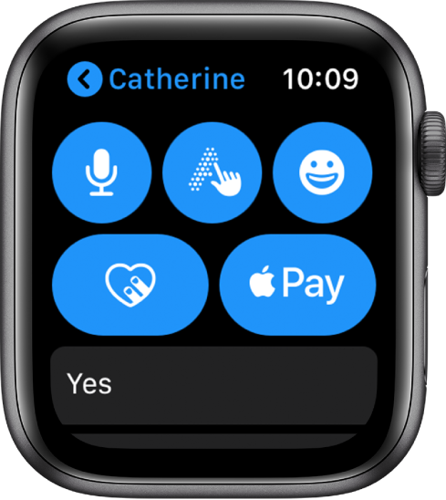 A Messages screen showing an Apple Pay button on the bottom right.