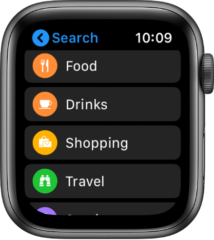 The Maps app showing a list of categories: Food, Drinks, Shopping, Travel, and more.