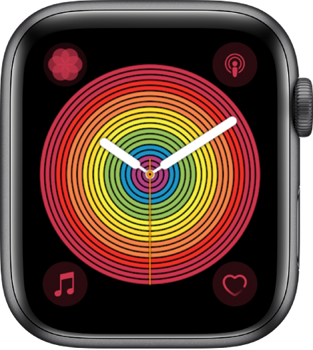 The Pride Analog watch face using the Circular style. There are four complications shown: Breathe at the top left, Podcasts at the top right, Music at the bottom left, and Heart Rate at the bottom right.