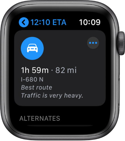 The Maps app showing a suggested route with the estimated distance of the route and the time it will take to arrive at the destination. A More button appears near the top right.