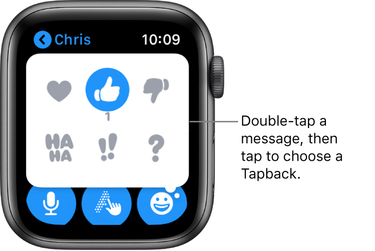 A Messages conversation with Tapback options: heart, thumbs up, thumbs down, Ha Ha, . and ?.