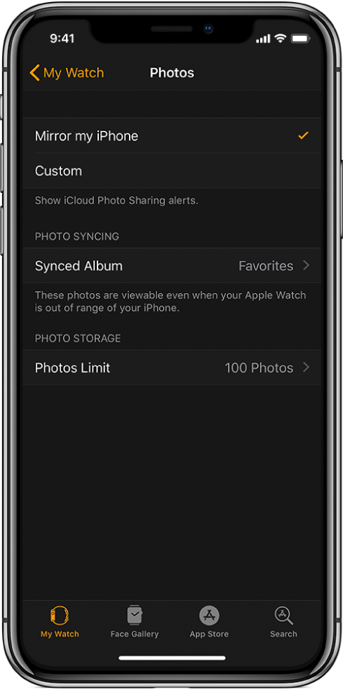Photos settings in the Apple Watch app on iPhone, with the Synced Album setting in the middle, and Photos Limit setting below that.