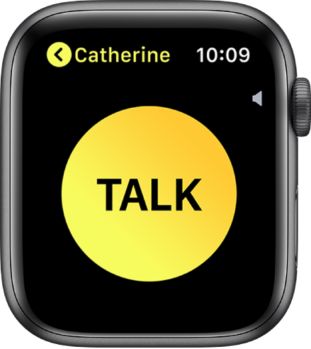 The Walkie-Talkie screen showing a large Talk button in the middle, volume indicator at the top right, and the name “Tejo” in the top left.