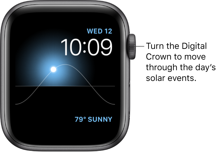 The Solar watch face displays the day, date, and current time, which can’t be modified. A Weather complication appears at the bottom right. Turn the Digital Crown to move the sun in the sky to dusk, dawn, zenith, sunset, and darkness.