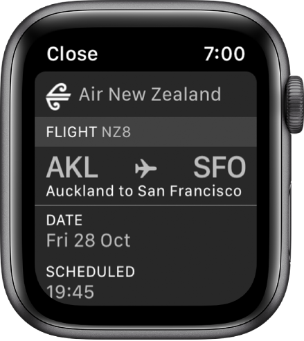 Apple Watch showing a boarding pass.