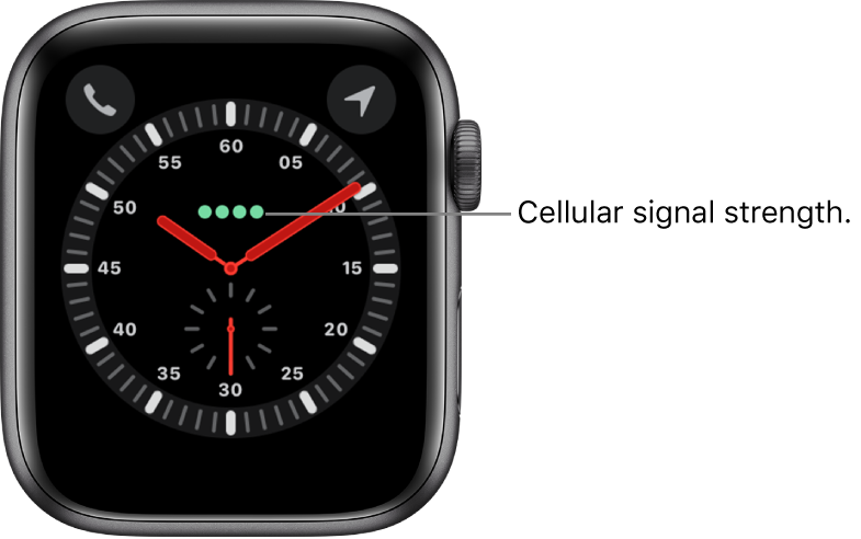 The Explorer watch face is an analog clock. Just above the center of the watch face are the four green dots that indicate cellular signal strength.