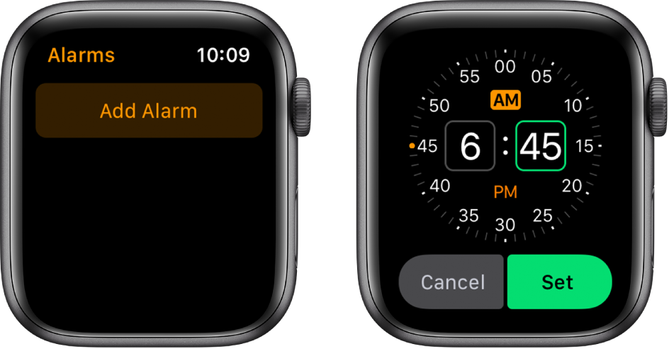 Two watch screens showing the process for adding an alarm: Tap Add Alarm, tap AM or PM, turn Digital Crown to adjust the time, then tap Set.