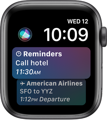 The Siri watch face, showing a news headline and stock price. A Siri button is at the top left of the screen.