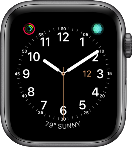 The Utility watch face, where you can adjust the color of the second hand and adjust the numbering and detail of the dial.