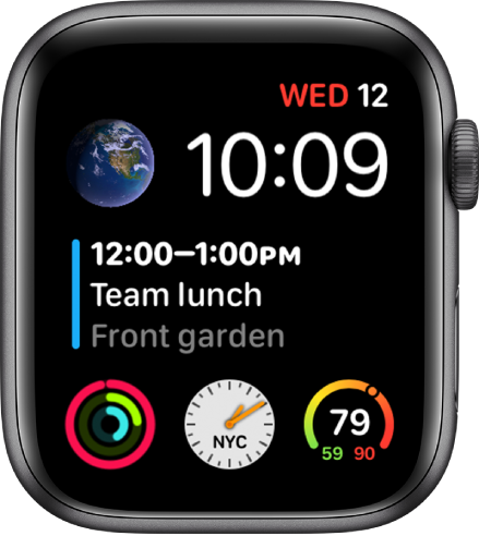 The Infograph Modular watch face showing the day, date, and time at the top right, a calendar event in the middle, and three subdials near the bottom.