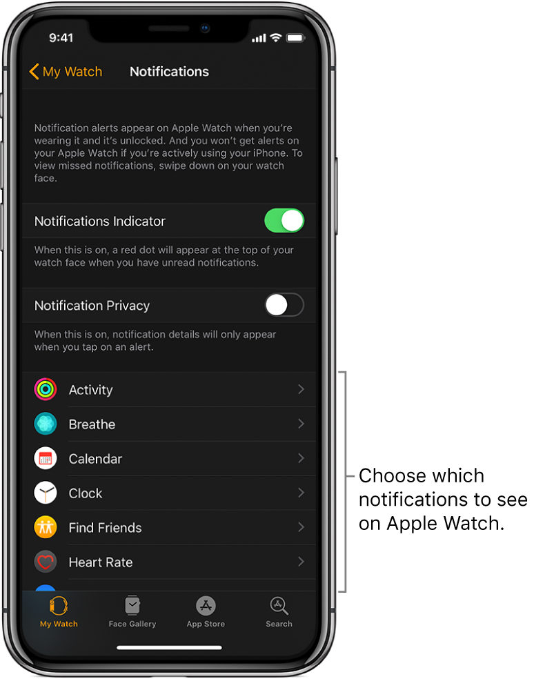 The Notifications screen in the Apple Watch app on iPhone, showing sources of notifications.