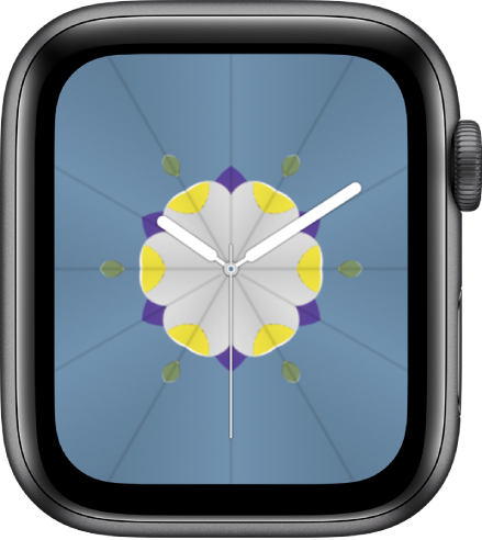 The Kaleidoscope watch face where you can add complications, and adjust the watch face patterns. It shows the Activity complication at the top left, the Workout complication at the top right, and the Weather Conditions complication at the bottom.
