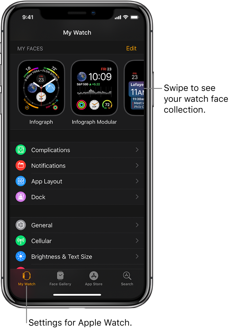 The Apple Watch app on iPhone open to the My Watch screen, which shows your watch faces near the top, and settings below. There are four tabs at the bottom of the Apple Watch app screen: the left tab is My Watch, where you go for Apple Watch settings; next is the Face Gallery, where you can explore available watch faces and complications; then the App Store, where you can download apps for Apple Watch; and Search, where you can find apps in the App Store.