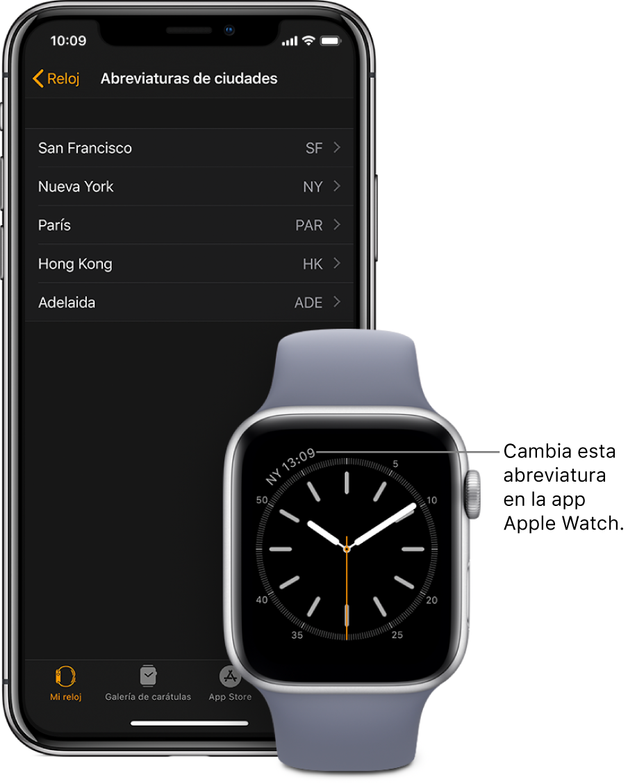 Carátula del reloj con un puntero señalando la hora de la ciudad de Nueva York, usando la abreviatura NYC. La siguiente pantalla muestra la lista de ciudades en la configuración "Abreviaturas de ciudades", en la configuración Reloj en la app Apple Watch en iPhone.