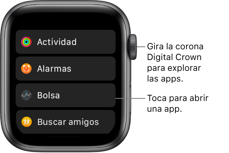 Pantalla de inicio con la visualización como lista en el Apple Watch, con apps en una lista. Toca una app para abrirla. Desplázate para ver más apps.