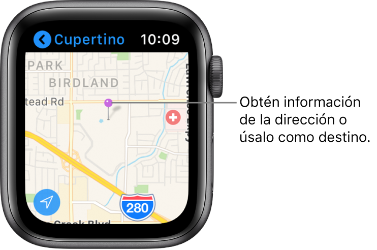 La app Mapas muestra un mapa con un marcador morado, que se usa para obtener la dirección aproximada de un punto en el mapa o como un destino para las indicaciones.