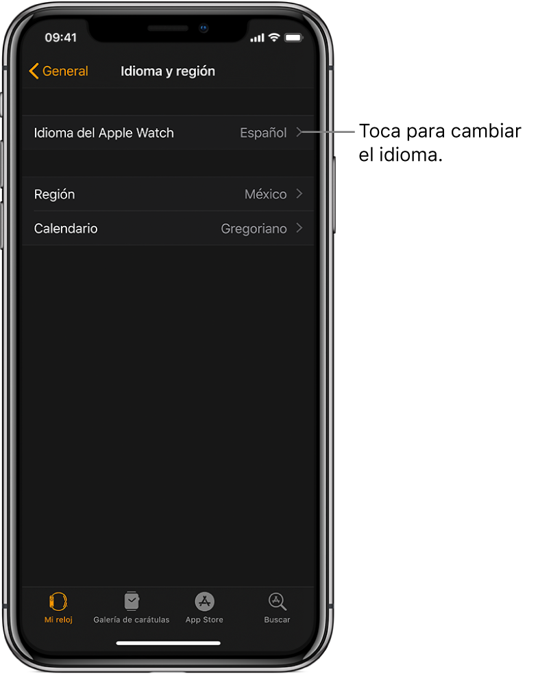 La pantalla "Idioma y región" en la app Apple Watch con la configuración Idioma del Apple Watch en la parte superior.