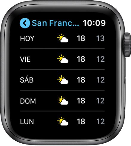 La app Clima mostrando la lista de las ciudades.