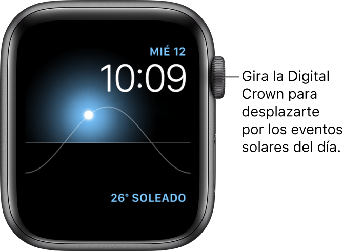 La carátula Solar, que muestra el día, la fecha y la hora actuales (y que no puedes modificar). Aparece una complicación Clima en la esquina inferior derecha. Gira la corona Digital Crown para mover el Sol en el cielo a las posiciones de anochecer, amanecer, cenit, puesta del sol u oscuridad.