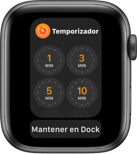 La pantalla de la app Temporizador en el Dock, con el botón "Mantener en Dock" debajo de ella.