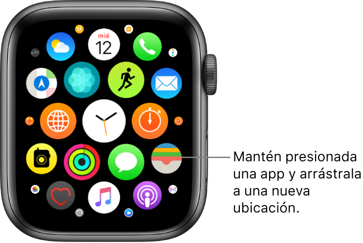 Pantalla de inicio del Apple Watch en la visualización como cuadrícula. El globo dice "Mantén presionada una app y arrástrala a otro lugar".