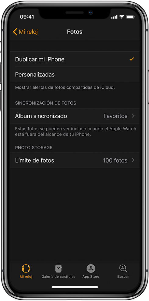 La configuración de Fotos en la app Apple Watch en el iPhone, con la configuración "Álbum sincronizado" en el centro y la configuración "Límite de fotos" abajo.