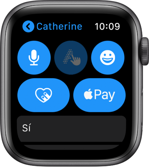 Pantalla de Mensajes mostrando un botón de Apple Pay en la parte inferior derecha.