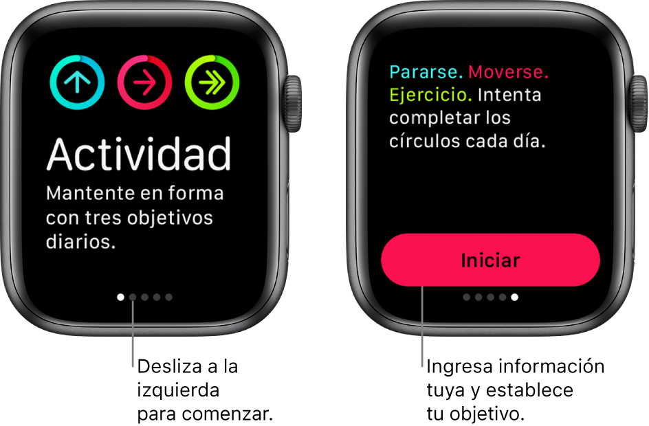 Dos pantallas: una muestra la pantalla de inicio de la app Actividad y la otra muestra el botón Iniciar.