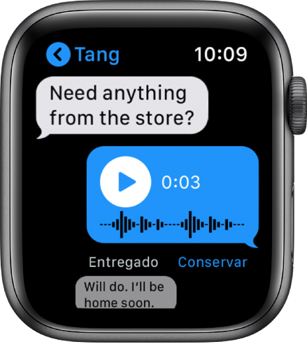 Pantalla de Mensajes mostrando una conversación. La respuesta del medio es un mensaje de audio que viene con un botón para reproducir.