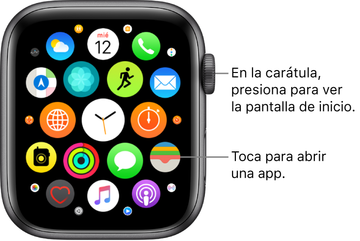 Pantalla de inicio con la visualización como cuadrícula en el Apple Watch, con apps en un grupo. Toca una app para abrirla. Arrastra para ver más apps.