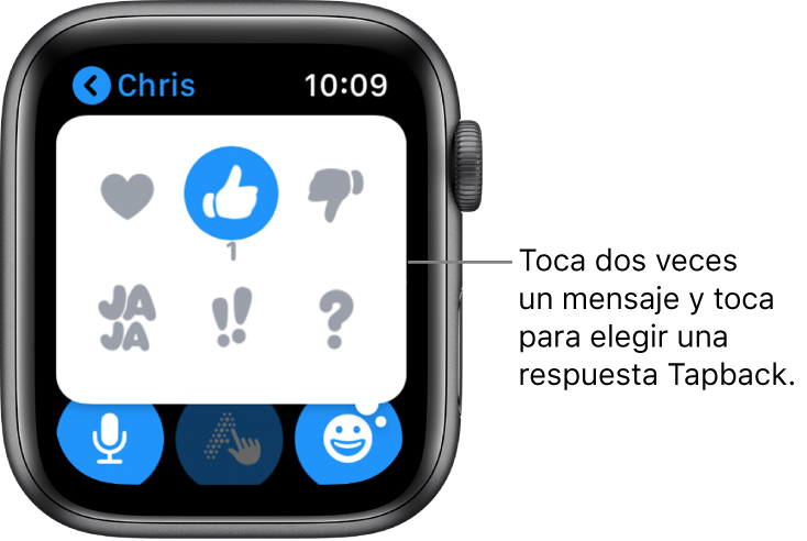 Una conversación de mensajes con opciones de respuesta Tapback: corazón, pulgar hacia arriba, jaja, !! y ?.