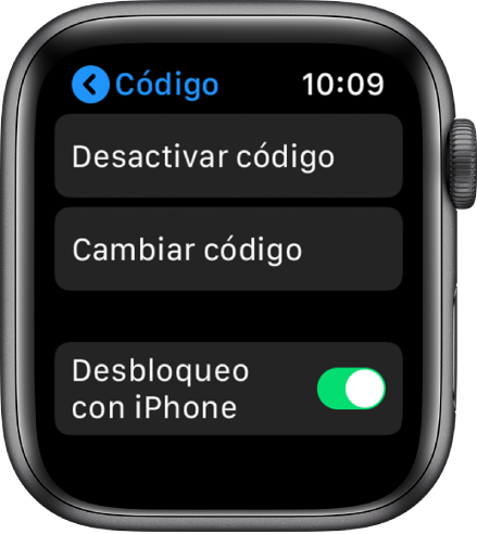 Configuración del código en el Apple Watch, con el botón "Desactivar código" en la parte superior, el botón "Cambiar código" debajo y "Desbloquear con iPhone" en la parte inferior.