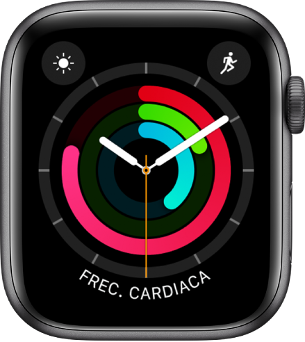 Carátula "Actividad - analógico" mostrando la hora y el progreso de los objetivos de Moverse, Ejercicio y Pararse. También hay tres complicaciones: Estado del Clima en la esquina superior izquierda, Entrenamiento en la esquina superior derecha, y Frecuencia Cardiaca en la parte inferior.