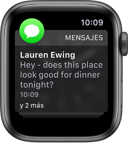 Una notificación de Mensajes mostrando el texto de un mensaje y "+2 más" debajo para indicar que hay dos notificaciones de mensajes más.