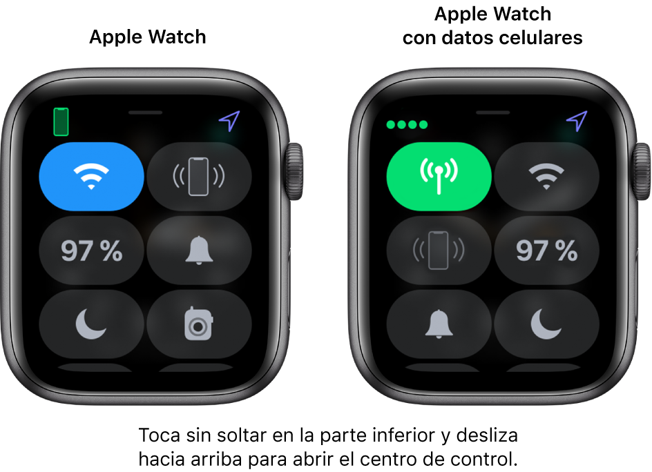 Dos imágenes: El Apple Watch sin servicios celulares a la izquierda mostrando el centro de control. El botón Wi-Fi está en la parte superior izquierda; el botón "Sonar iPhone" se encuentra en la esquina superior derecha; el botón "Porcentaje de la batería" se encuentra en la parte central izquierda; el botón Silencio está en la parte central derecha; el botón "No molestar" está en la parte inferior izquierda; y el botón "Walkie talkie" está en la parte inferior derecha. La imagen de la derecha muestra el Apple Watch con datos celulares. Su centro de control muestra el botón "Datos celulares" en la esquina superior izquierda; el botón "Wi-Fi" en la esquina superior derecha; el botón "Sonar iPhone" en la parte central izquierda; el botón "Porcentaje de la batería" en la parte central derecha; el botón Silencio en la parte inferior izquierda; y el botón "No molestar" en la parte inferior derecha.
