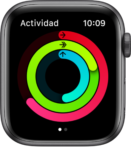 La pantalla Actividad mostrando los círculos Moverse, Ejercicio y Pararse.