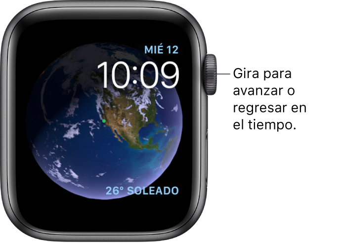 La carátula Astronomía muestra el día, la fecha y la hora actual. Hay una complicación Clima en la esquina inferior derecha. Gira la corona Digital Crown para avanzar o retroceder el tiempo.