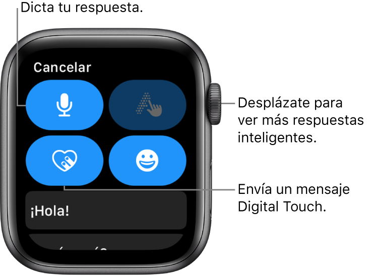 La pantalla de la respuesta mostrando los botones Dictado, Escribir, Digital Touch y Emoji. Debajo se muestran las respuestas inteligentes. Gira la corona Digital Crown para ver más respuestas inteligentes.