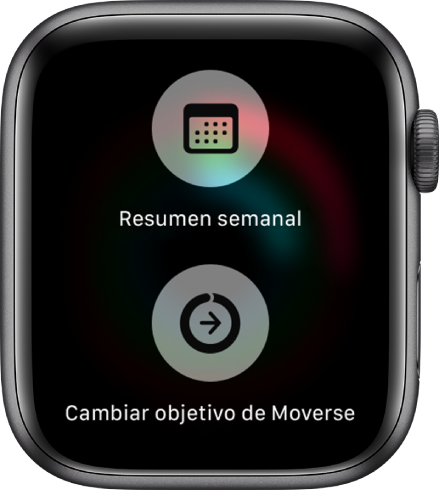 La pantalla de la app Actividad mostrando el botón "Resumen semanal" y el botón "Cambiar objetivo de Moverse".