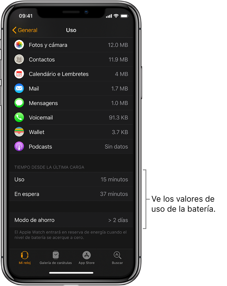 En la pantalla Uso de la app Apple Watch puedes ver los valores de energía para Uso, En espera y Modo de ahorro en la mitad inferior de la pantalla.