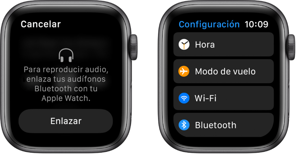 Si cambias la fuente de la música a tu Apple Watch antes de enlazar las bocinas o audífonos Bluetooth, aparecerá el botón "Conectar un dispositivo" en la parte inferior de la pantalla que te lleva a la configuración Bluetooth de tu Apple Watch, donde podrás agregar un dispositivo.