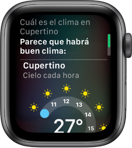 Pantalla de Siri. En la parte superior se encuentra la pregunta "¿Cómo está el clima en el Lago Tahoe?". La respuesta está abajo y dice "Aquí tienes el clima de hoy para Lago Tahoe" seguido de una gráfica que muestra las condiciones por hora en Lago Tahoe.