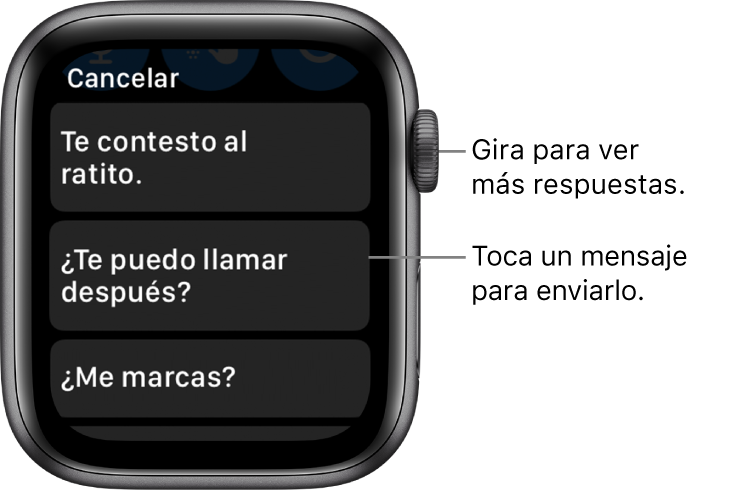 Pantalla de Mensajes mostrando el botón Cancelar en la parte superior, tres respuestas preestablecidas ("Te contesto al ratito", "¿Te puedo llamar después?" y "¿Me marcas?").