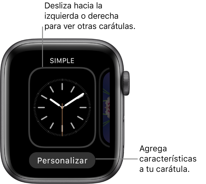 Cuando oprimas la carátula verás la carátula actual con el botón Personalizar en la parte inferior. Desliza a la izquierda o la derecha para ver otras opciones de carátulas. Toca Personalizar para agregar las funciones que quieras.