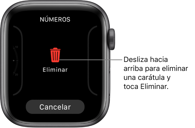 La pantalla del Apple Watch mostrando los botones Eliminar y Cancelar, que aparecen una vez que te has desplazado a una carátula y que la has deslizado hacia arriba para eliminarla.