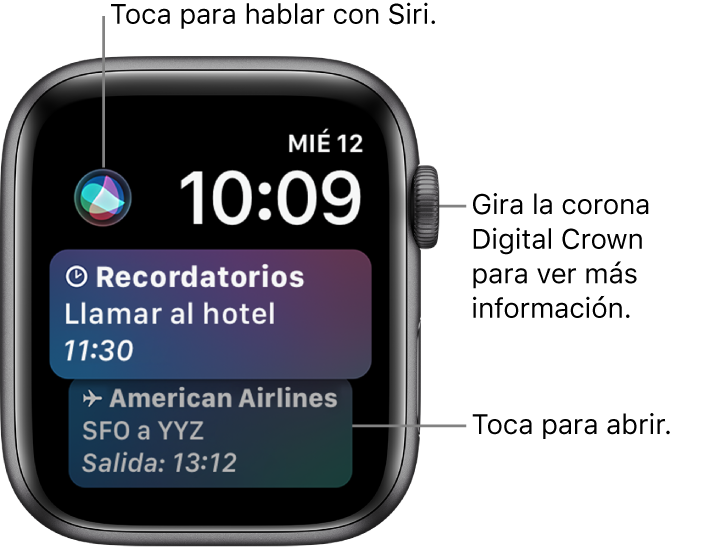 La carátula Siri mostrando un recordatorio y un pase de abordar. Un botón de Siri en el área superior izquierda de la pantalla. La fecha y el tiempo están en la esquina superior derecha.