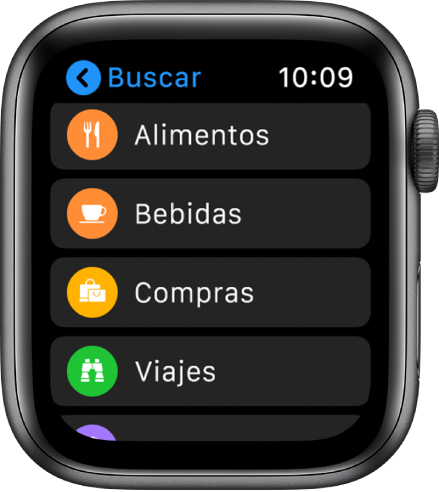 La app Mapas mostrando una lista de categorías: Alimentos, Bebidas, Compras, Viajes y más.