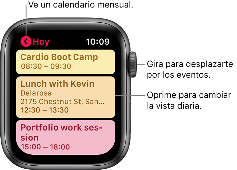 La pantalla de Calendario mostrando una lista de los eventos del día.