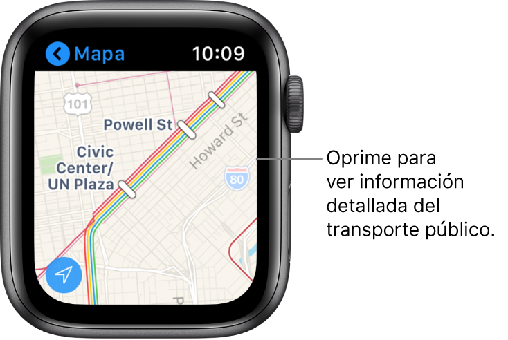 La app Mapas mostrando detalles de transporte público, incluyendo nombres de rutas y paradas.